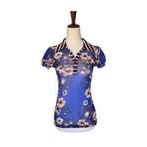 Y2K JEAN PAUL GAULTIER Floral Striped Mesh Polo Short Sleeve Top Vintage Small